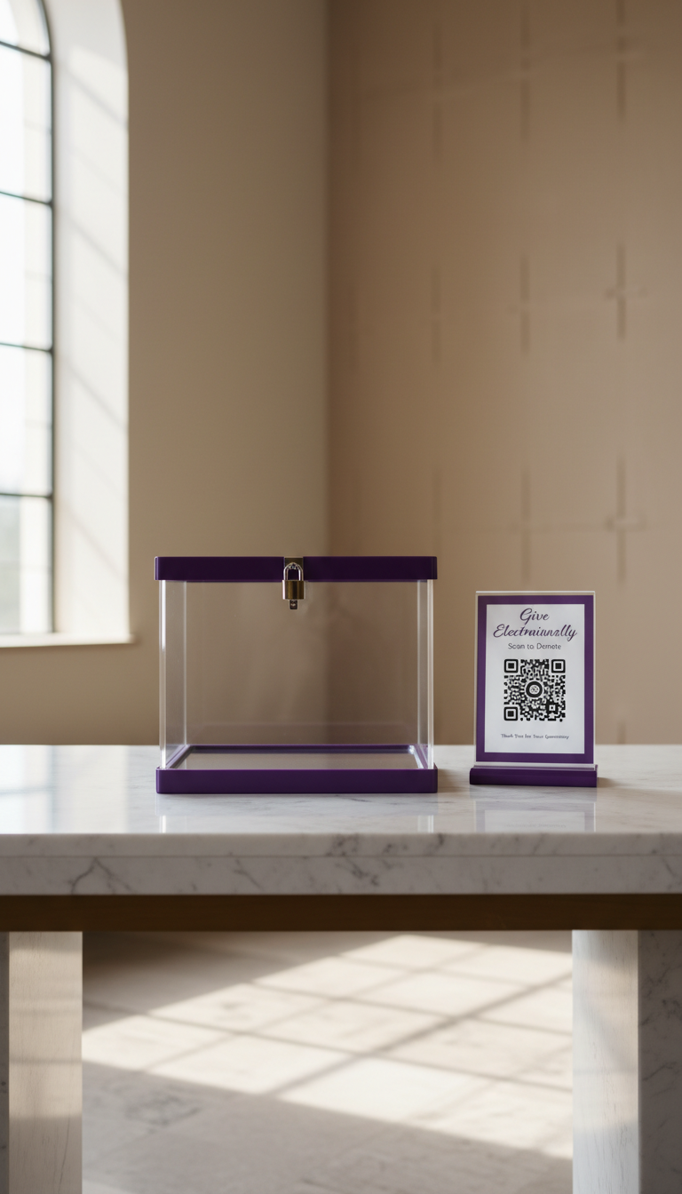 An elegant donation station with a sleek, locked acrylic offering box accented in royal purple, placed on a marble-topped table. Nearby, tasteful signage gently encourages electronic giving, featuring a modern QR code sign in matching purple hues. The background includes a neutral wall with a subtle, decorative cross motif. Bright, indirect daylight streams from a nearby window, casting gentle, inviting shadows across the setting. Captured from a side angle with a sharp focus on the donation box and sign, the image exemplifies transparency, trust, and modern convenience within a traditional Baptist church context using photographic realism and a structured, clean layout.