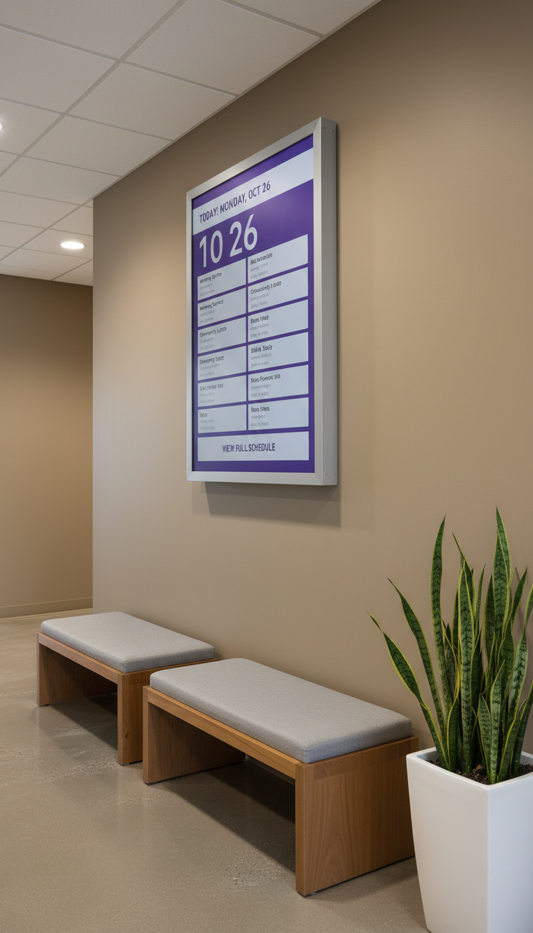 A modern, wall-mounted digital calendar display with a clean user interface in shades of royal purple and soft gray, anchored to a neutral-painted hallway wall. Adjacent sit minimalist benches and a small planter with a low-maintenance green plant. Overhead, soft recessed lighting provides even, glare-free illumination, creating a harmonious blend of functionality and elegance. The mood is calm, accessible, and pragmatic, supporting ease-of-navigation for senior site visitors. Captured from an oblique angle with structured lines emphasizing usability and clarity, in a photographic, clean corporate style that aligns with the church’s mission.